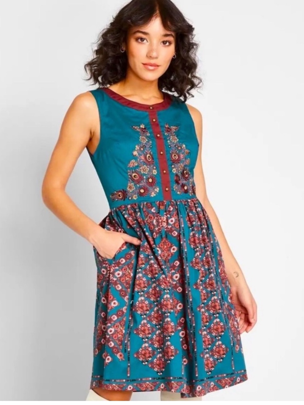 ModCloth Teal Embroidered Fit and Flare Dress with Pockets, Floral Print, Size 8